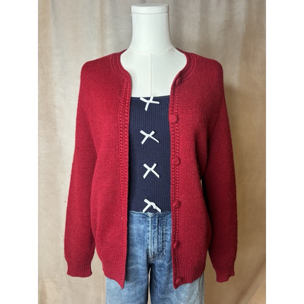 Mon Repos 100% Alpaca Red Hand Knit Cardigan Peru M Cozy Quiet Luxury